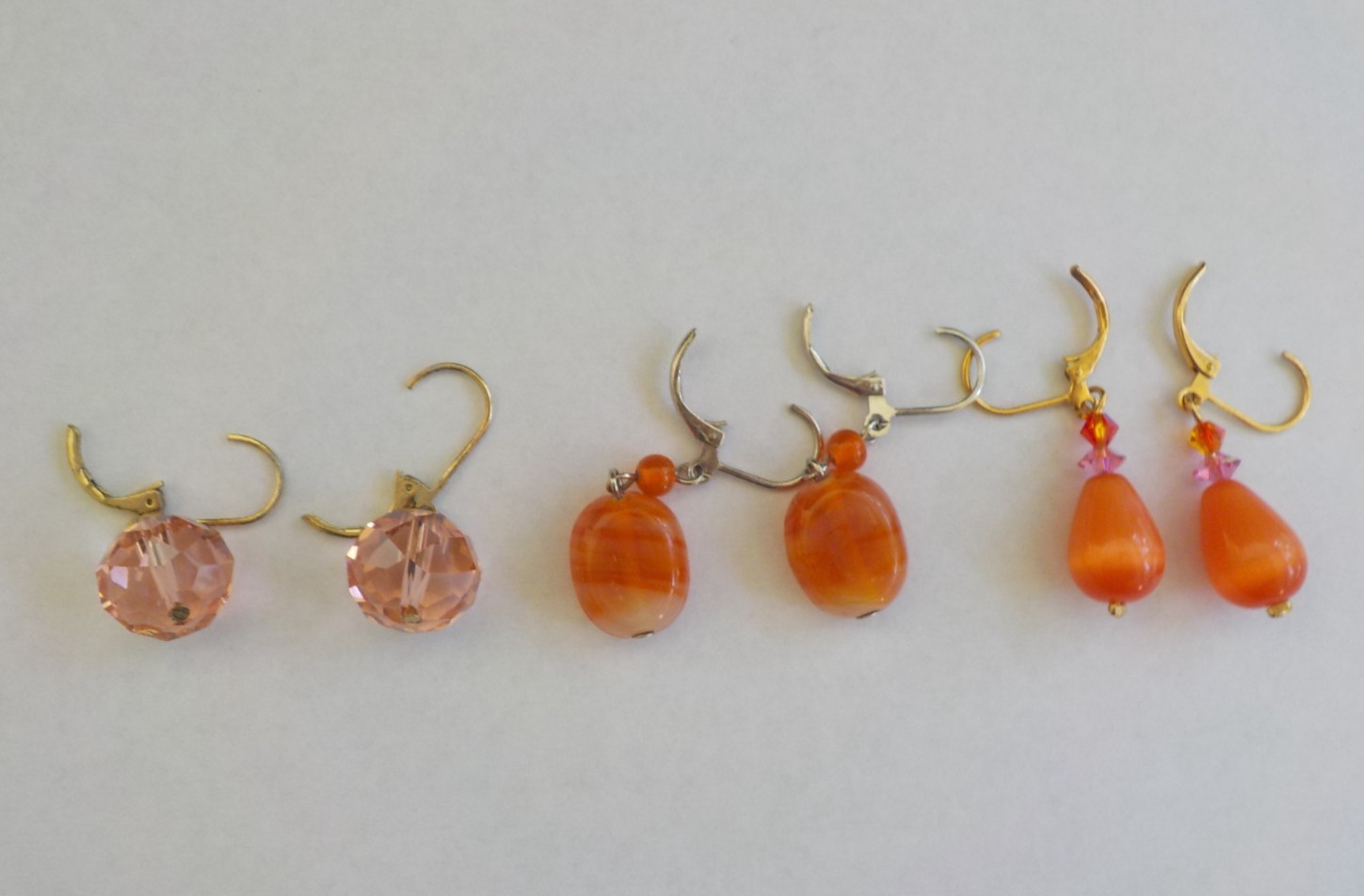 Earrings Pierced 3 Pair Dangle Drop Glass Stone Metal Orange Pink Lever Back