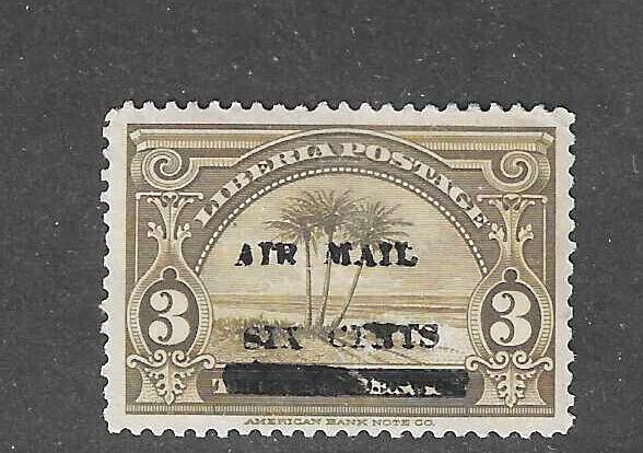 Liberia 1936, "AIR MAIL SIX CENTS" overprint on 3c palm trees RR $$$ #C2