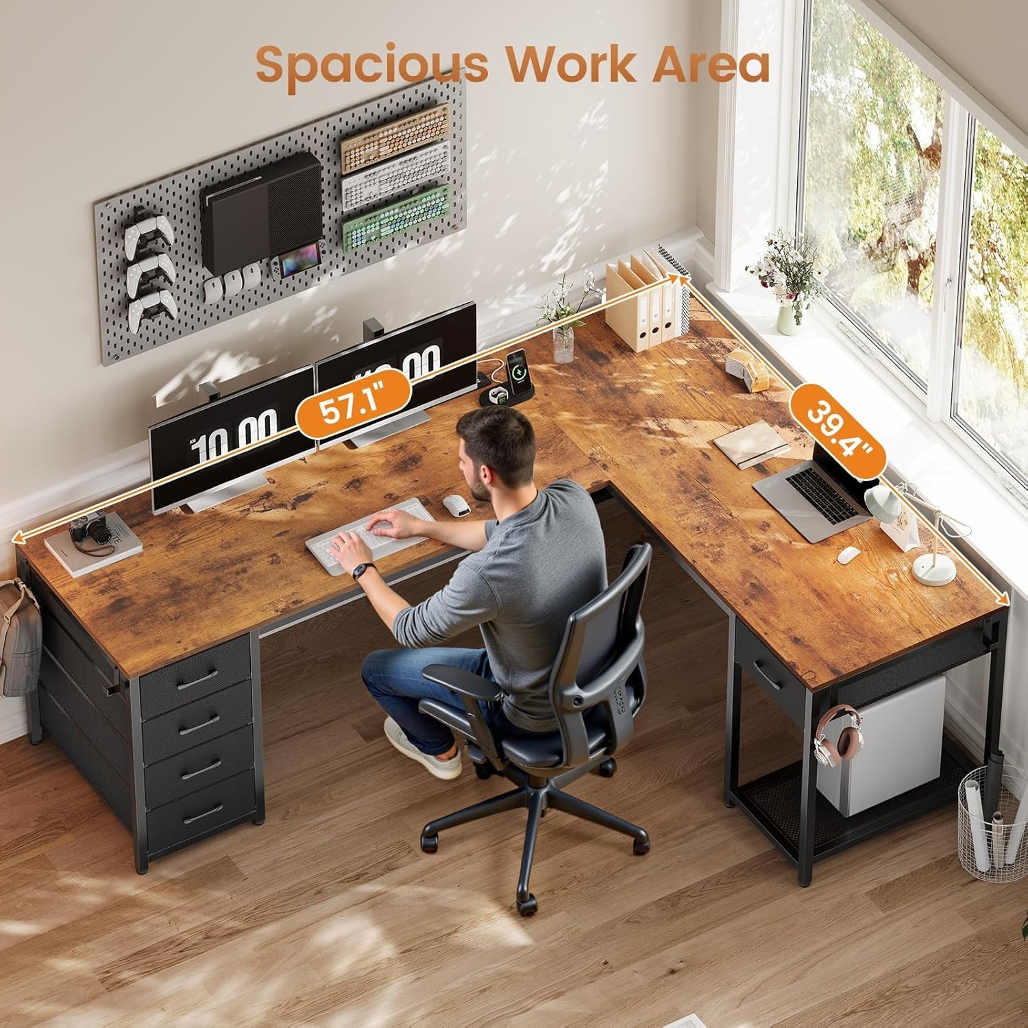 L Shaped Computer Desk with 5 Drawers Modern Reversible 78.7" Long 2 Person Desk