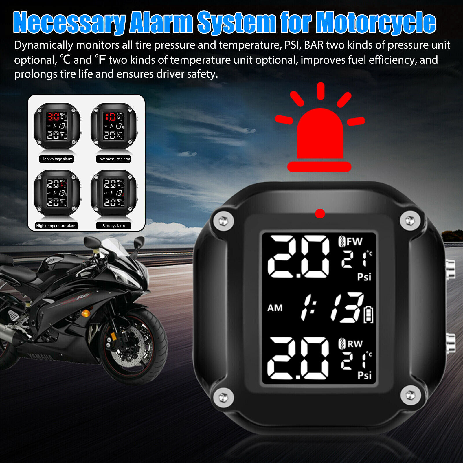 Wireless Motorcycle TPMS Tire Tyre Pressure Monitor System + 2 External Sensors