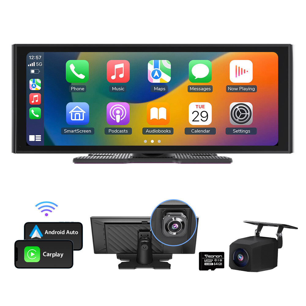 Portable 4K Dash Cam Car Stereo Radio Wireless Apple Carplay & Android Auto +Cam