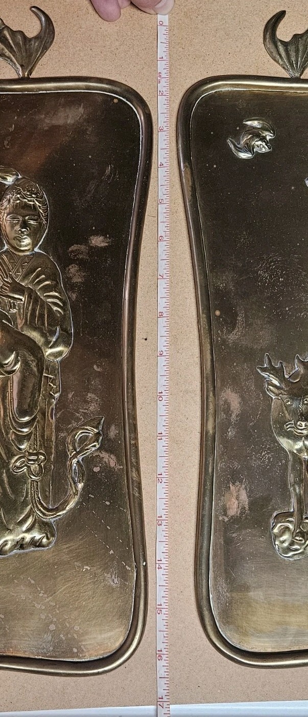 Lot Of 2 Chinese Brass Wall Hanging Reliefs Winged Bat 8x16.5"