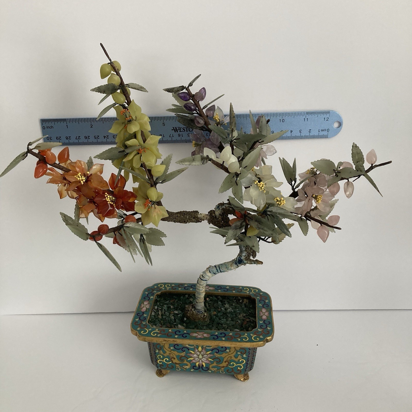 Pair Antique Chinese Jade Bonsai Tree in Cloisonne Pot w Amethyst Carnelian VTG