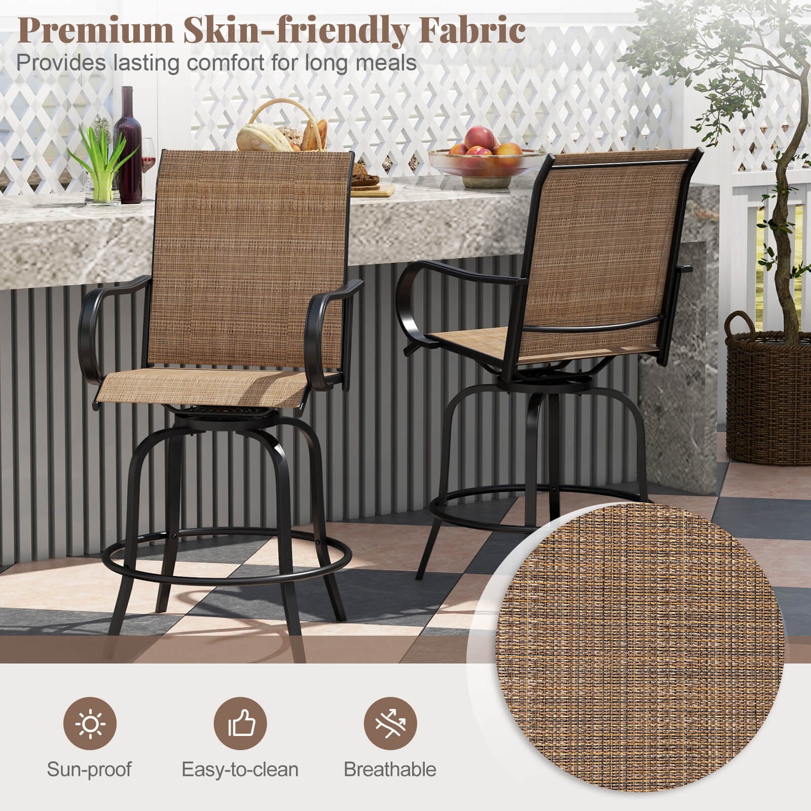 Outdoor Swivel Bar Stool Set of 4 w/Breathable Fabric and Heavy Duty Metal Frame