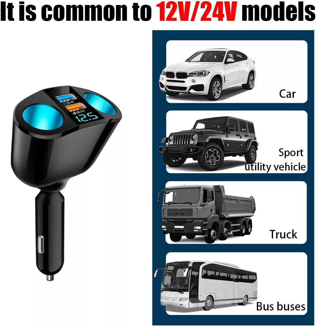 12V Dual USB Car Cigarette Lighter Socket Splitter Power Adapter Charger Outlet