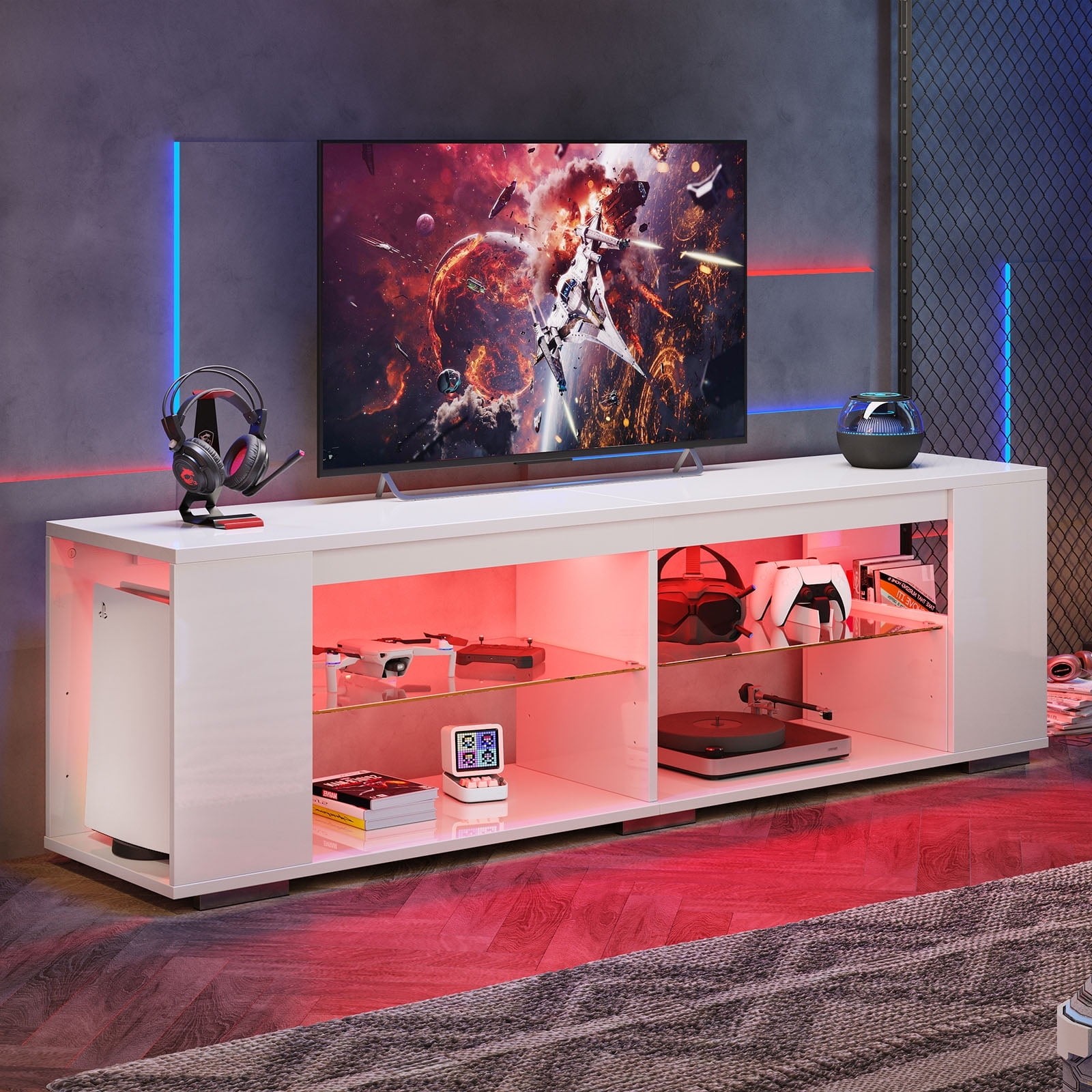 LED TV Stand for TVs up to 80", Gaming Entertainment Center with Lights - White