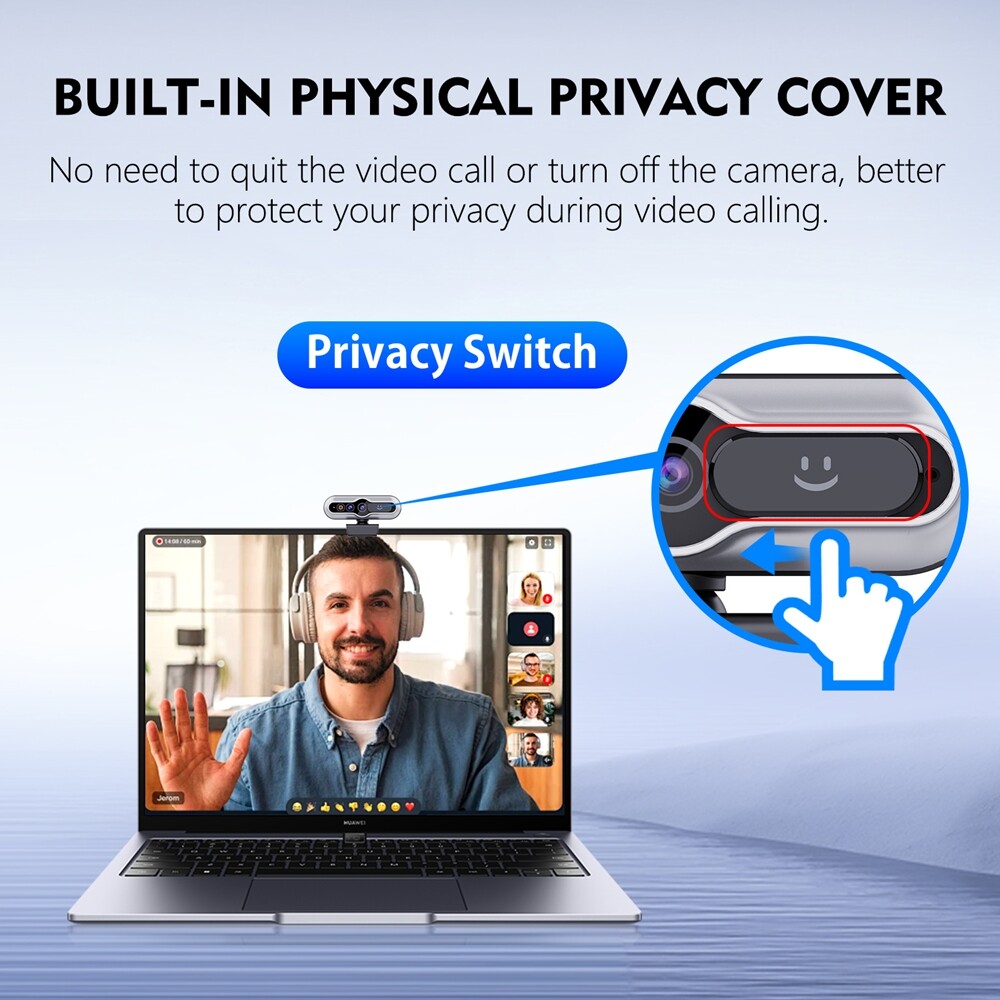 TOALLIN 2K QHD Webcam Auto-Focus Windows Hello Privacy Shutter with Microphone