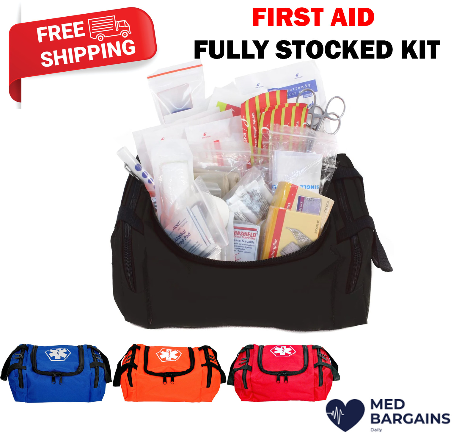 First Responder Fully Stocked Trauma First Aid Kit - 4 Color Bag