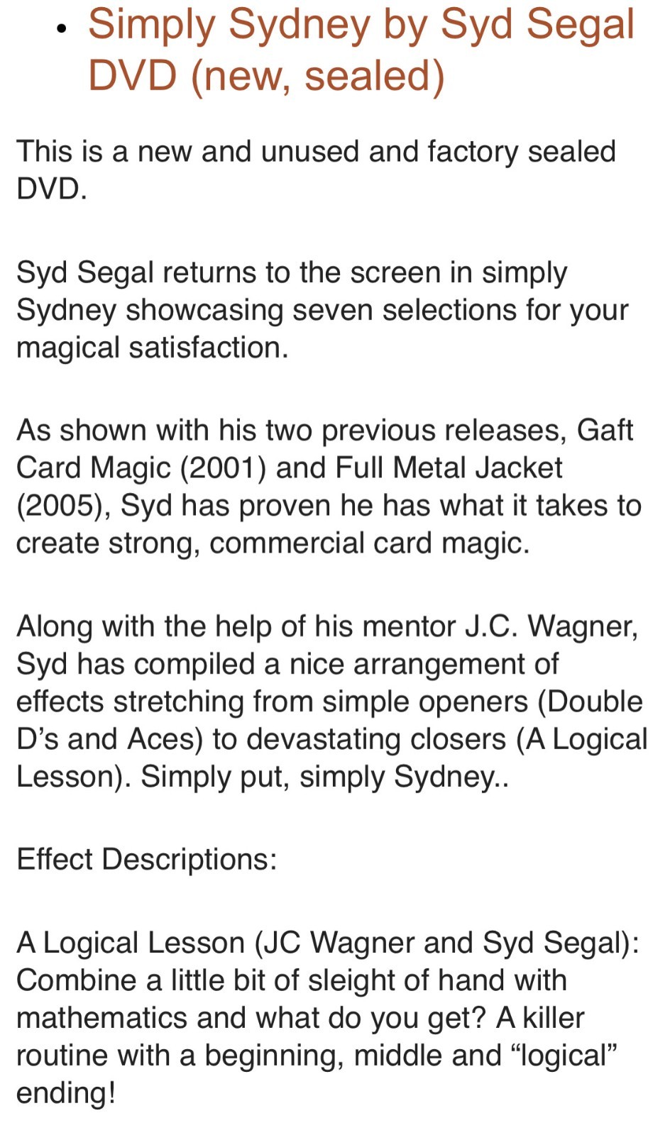 Magic Trick Instructional DVD Simply Sydney Syd Segal Sealed 7 Effects 2007