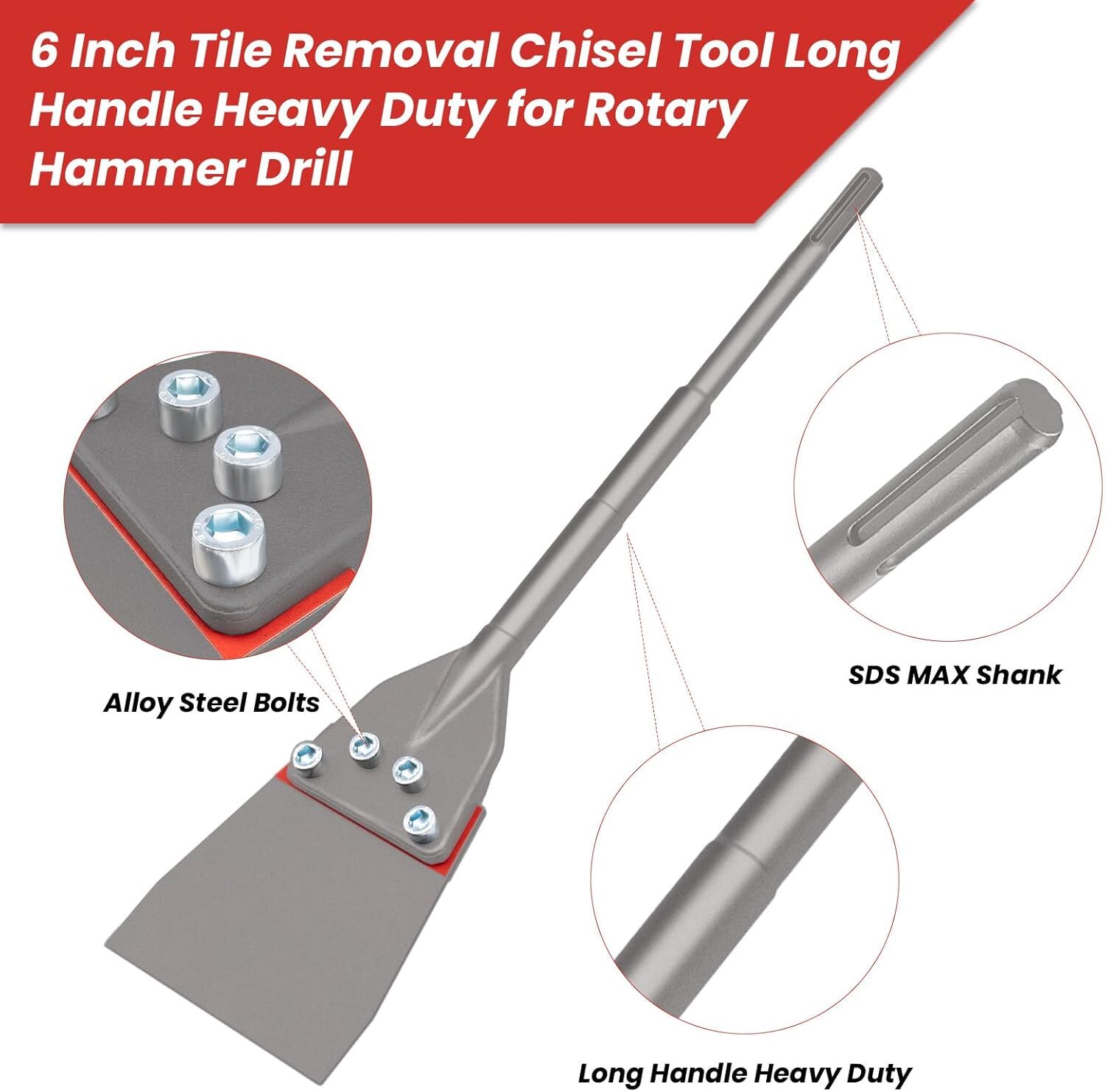 TOOVEM 24.5" SDS Max Floor Scraper 6” Wide Tile Removal Bit and Heavy Duty Blade