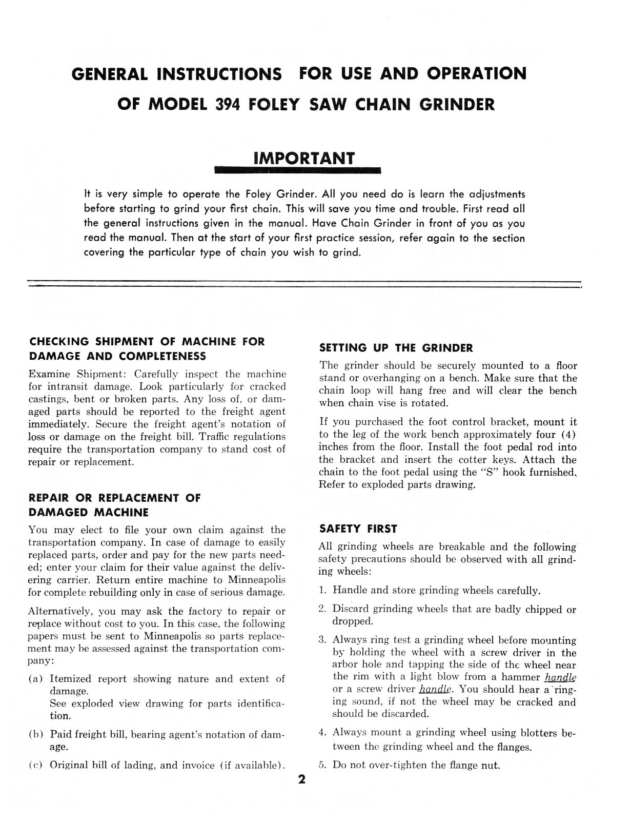 Foley Belsaw Model 394 Saw Chain Grinder Operator & Parts Manual #1581