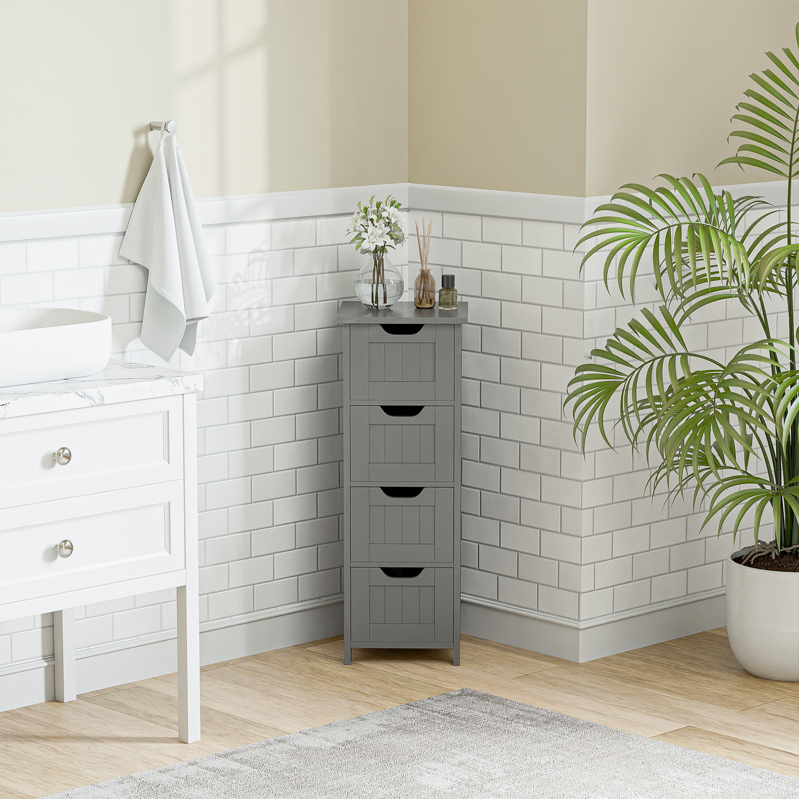 Bathroom Floor Cabinet with 4 Drawers Sturdy Storage Organizer Cabinet Gray