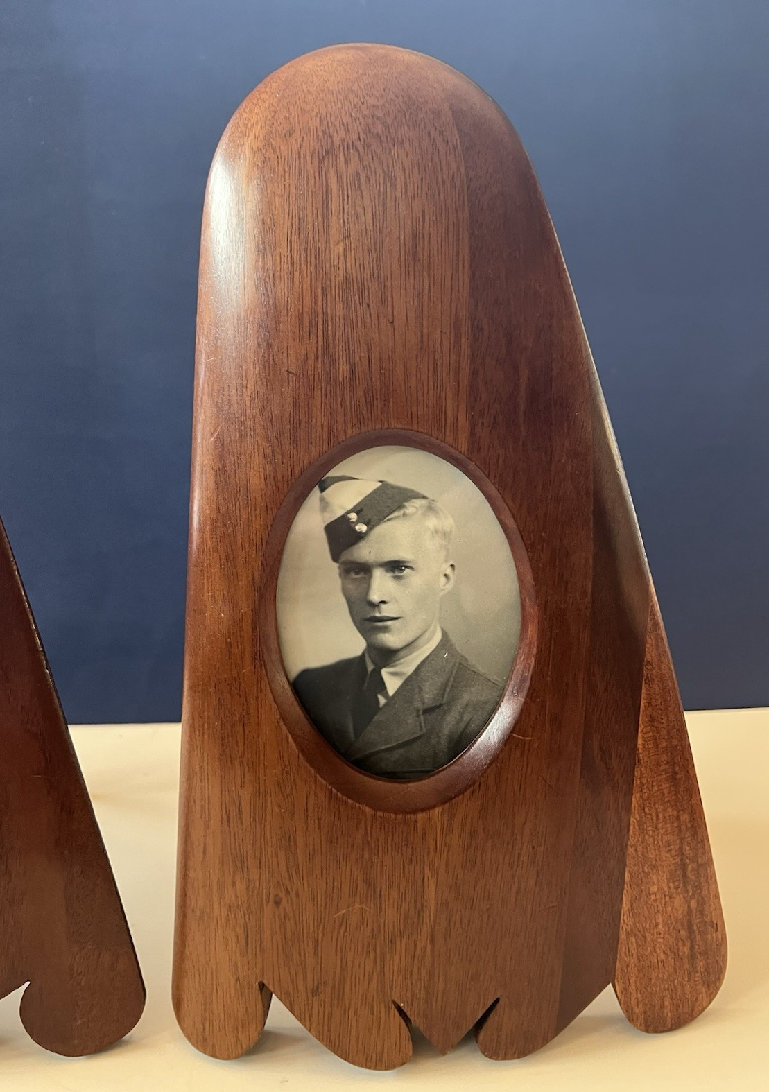 Pair of Antique WWI Photo Frames of Soldier Made From Airplane Propellars
