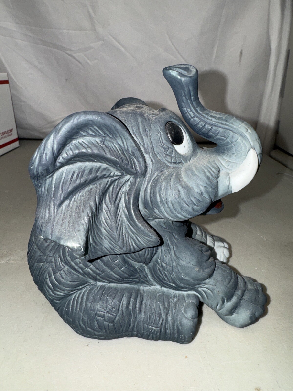 Vintage Blue Gray Porcelain Elephant Figurine Setting Figure Trunk Up Raised 5x6