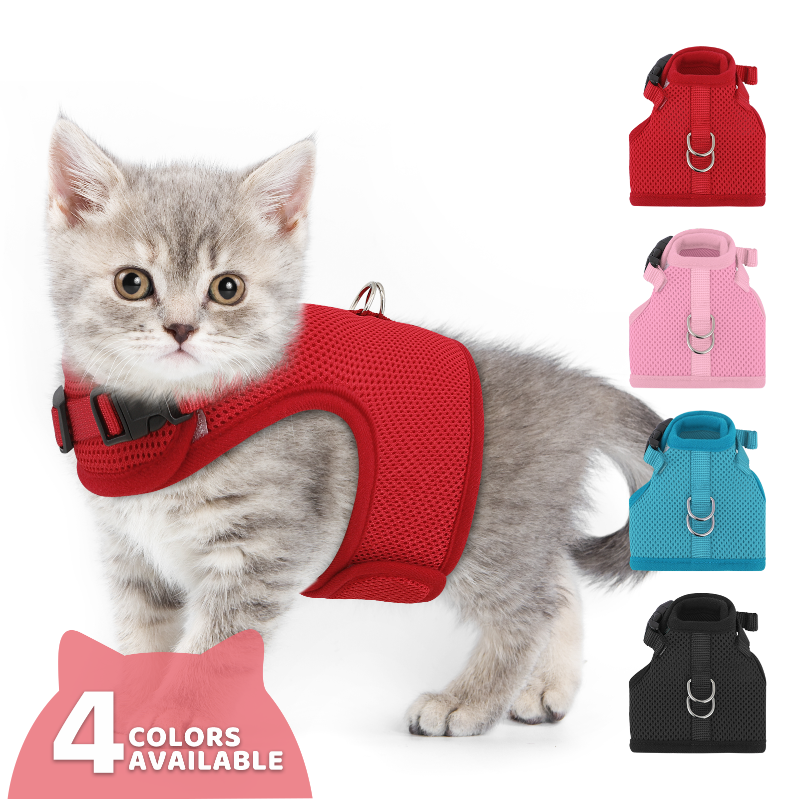Escape Proof Cat Harness Mesh Adjustable Kitten Vest Reflective Red w/D-rings