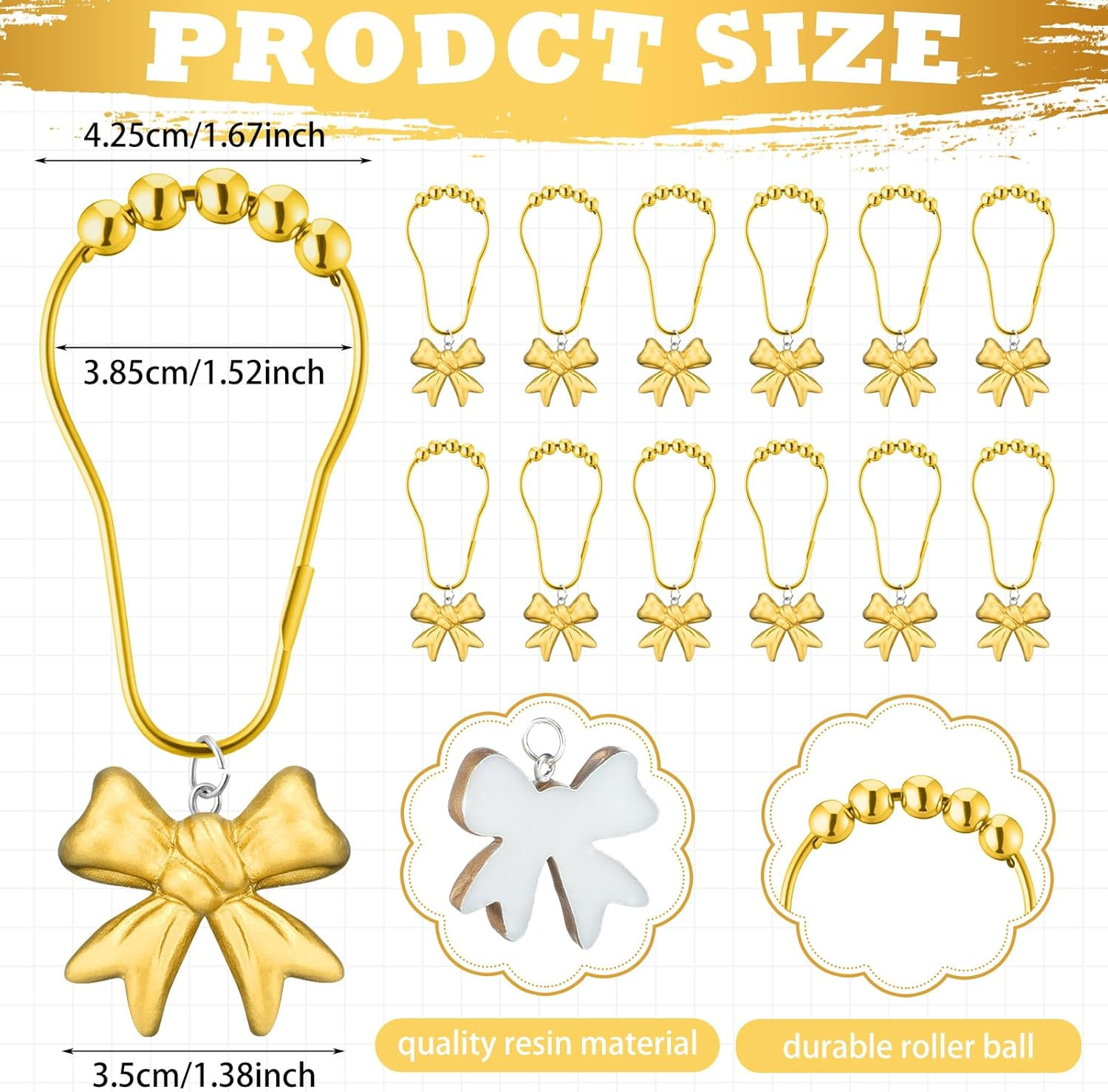 12 Pcs Gold Bow Knot Shower Curtain Hooks Rustproof Decorative Resin Bow Knot Sh