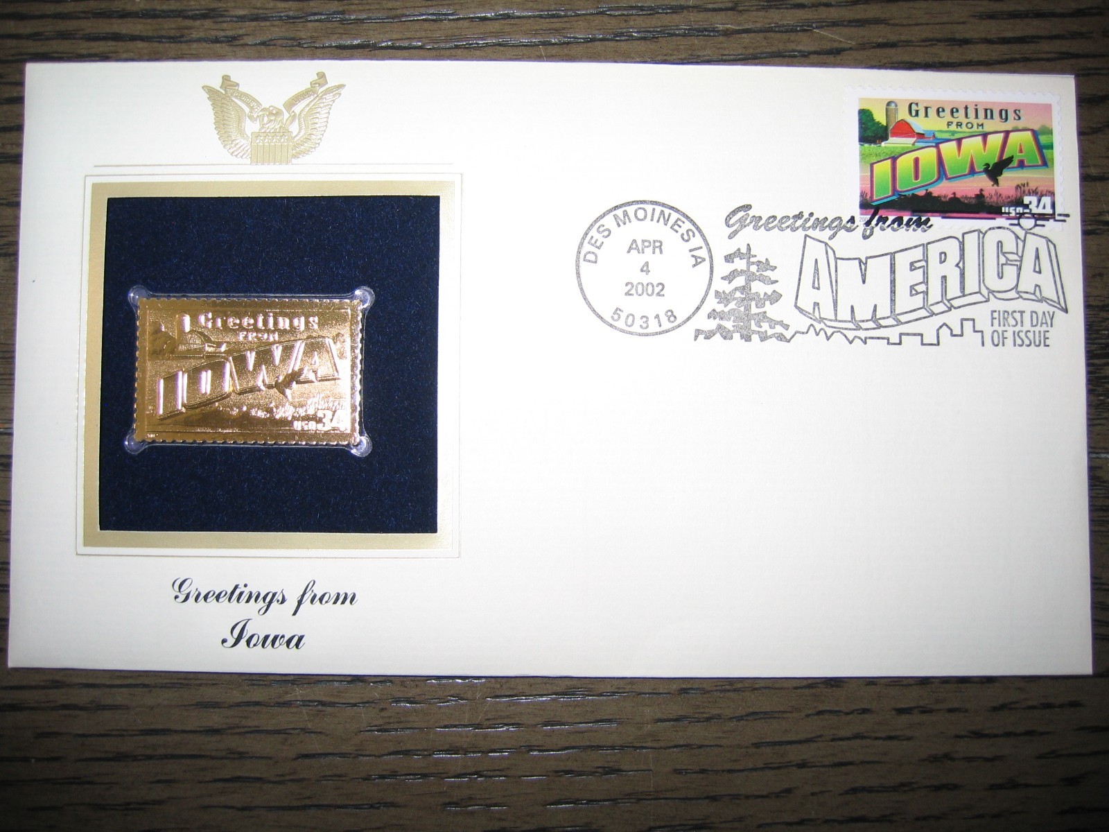 2002 IOWA Greetings From America Replica Gold Stamp Golden COVER