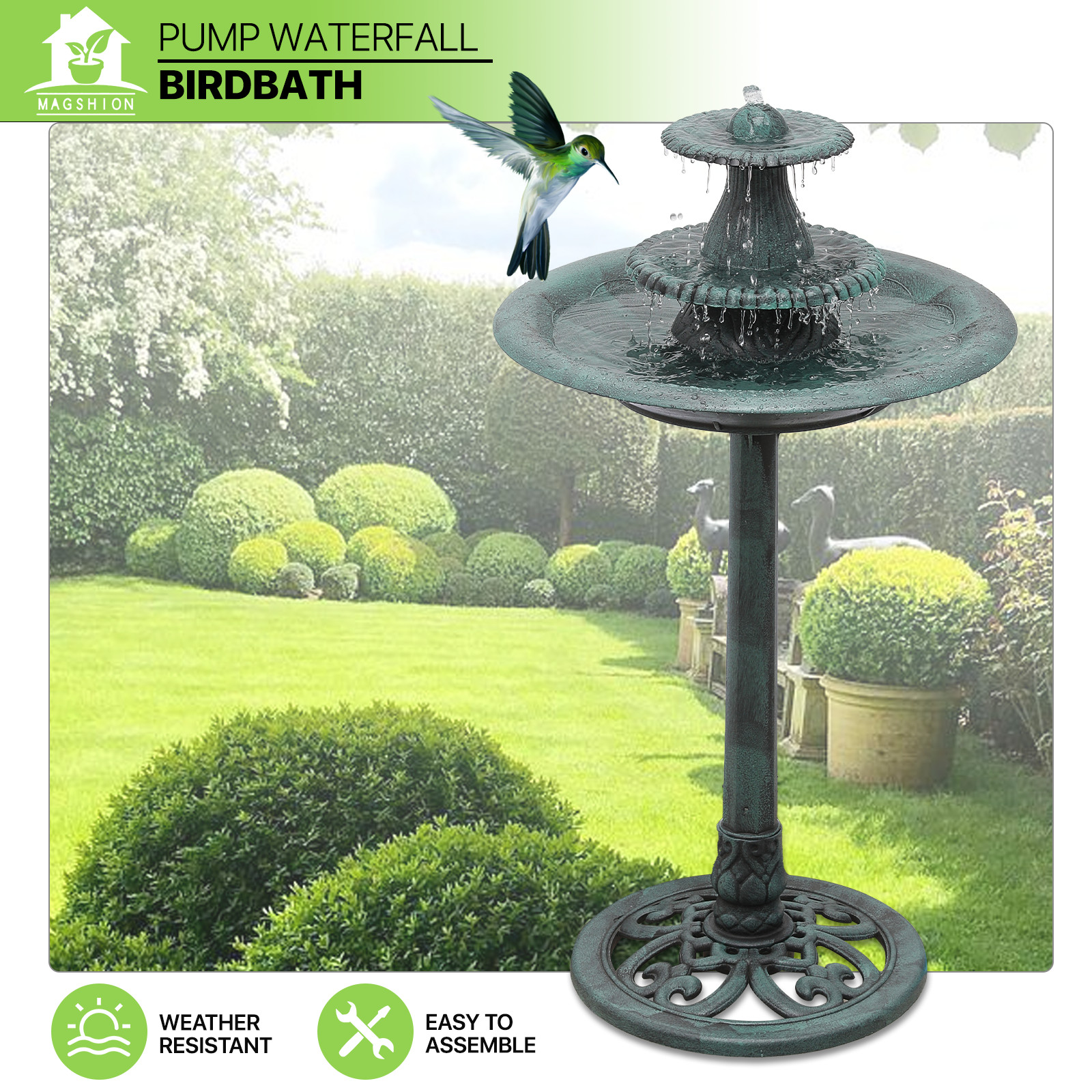 35" Tall Pedestal Outdoor Fountain Electric Birdbath Garden Patio Backyard Décor