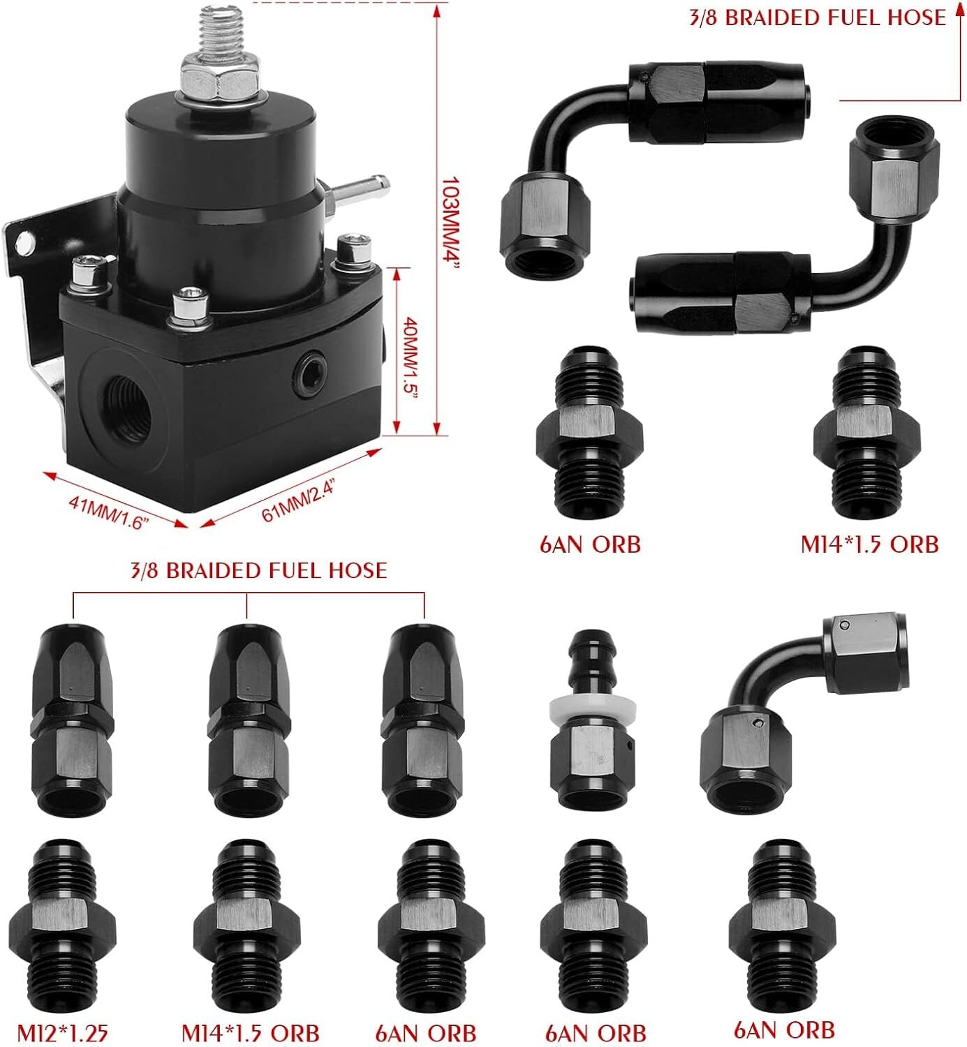 Universal Black Adjustable Fuel Pressure Regulator Kit 100psi Guage AN6 Fitting