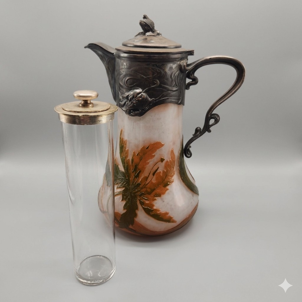 Antique Claret Jug Daum Nancy Victor Saglier Thistle Cameo Glass Art Nouveau 11"