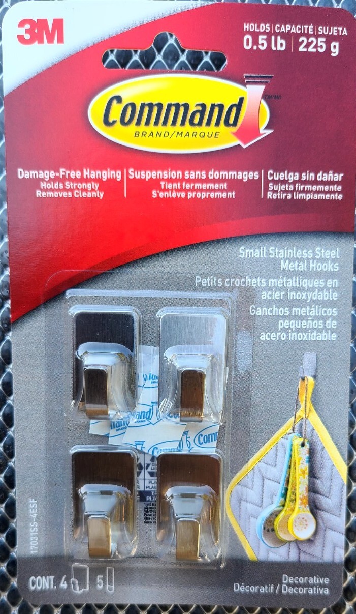 3M Command Damage Free Hanging Small Stainless Steel Metal Hooks 4 Ea Pk