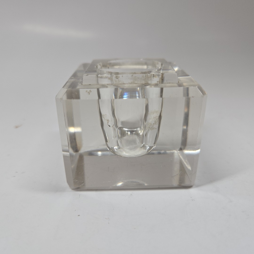 Vintage  Clear Glass Inkwell Heavy Cube Shape Beveled Edging Solid