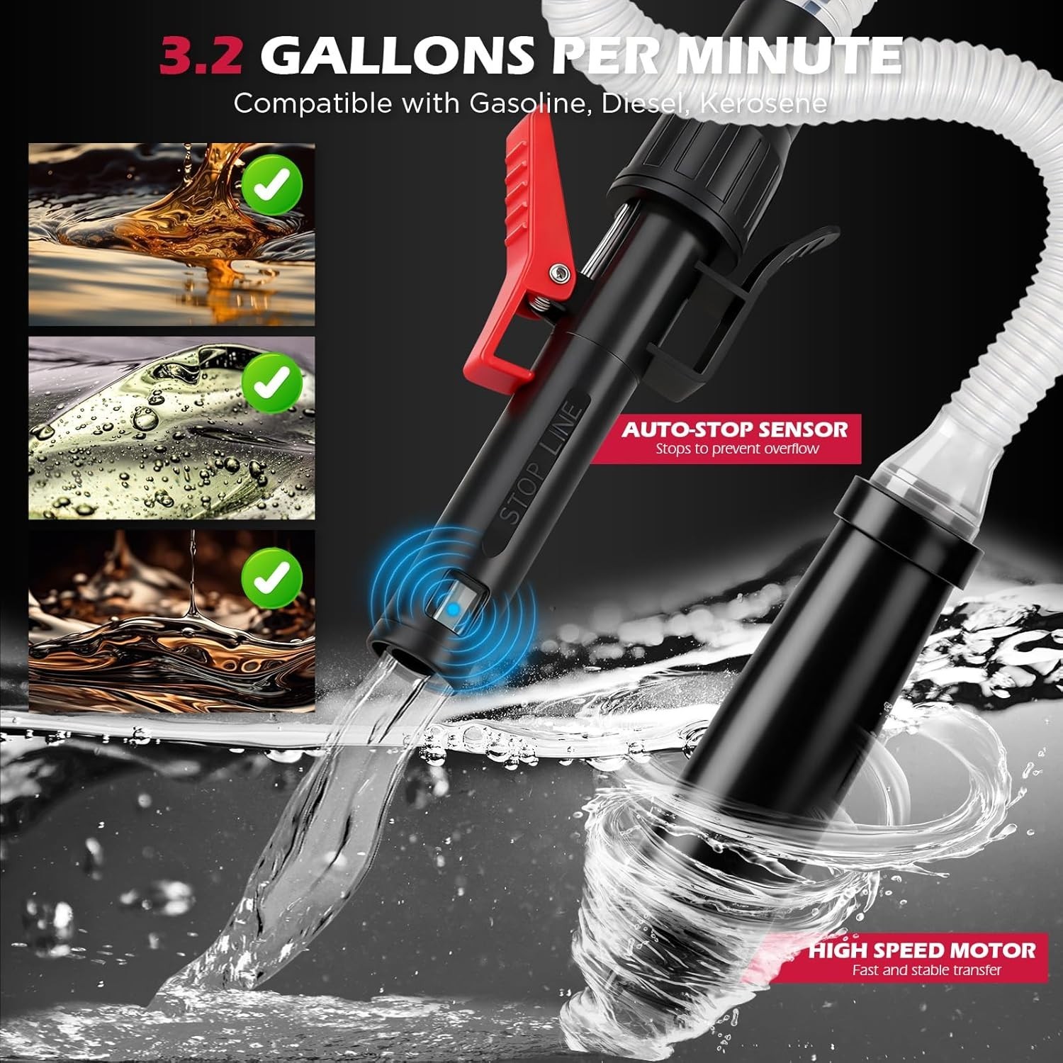 Automatic Fuel Transfer Pump with Auto-Stop Sensor(3.2 GPM), Battery...