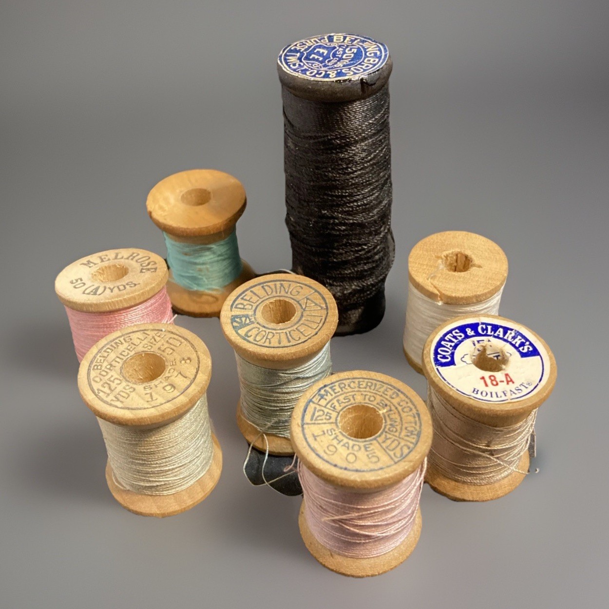 VIntage Lot of 8 Wooden Spools of thread Belding Corticelli Coats & Clark More