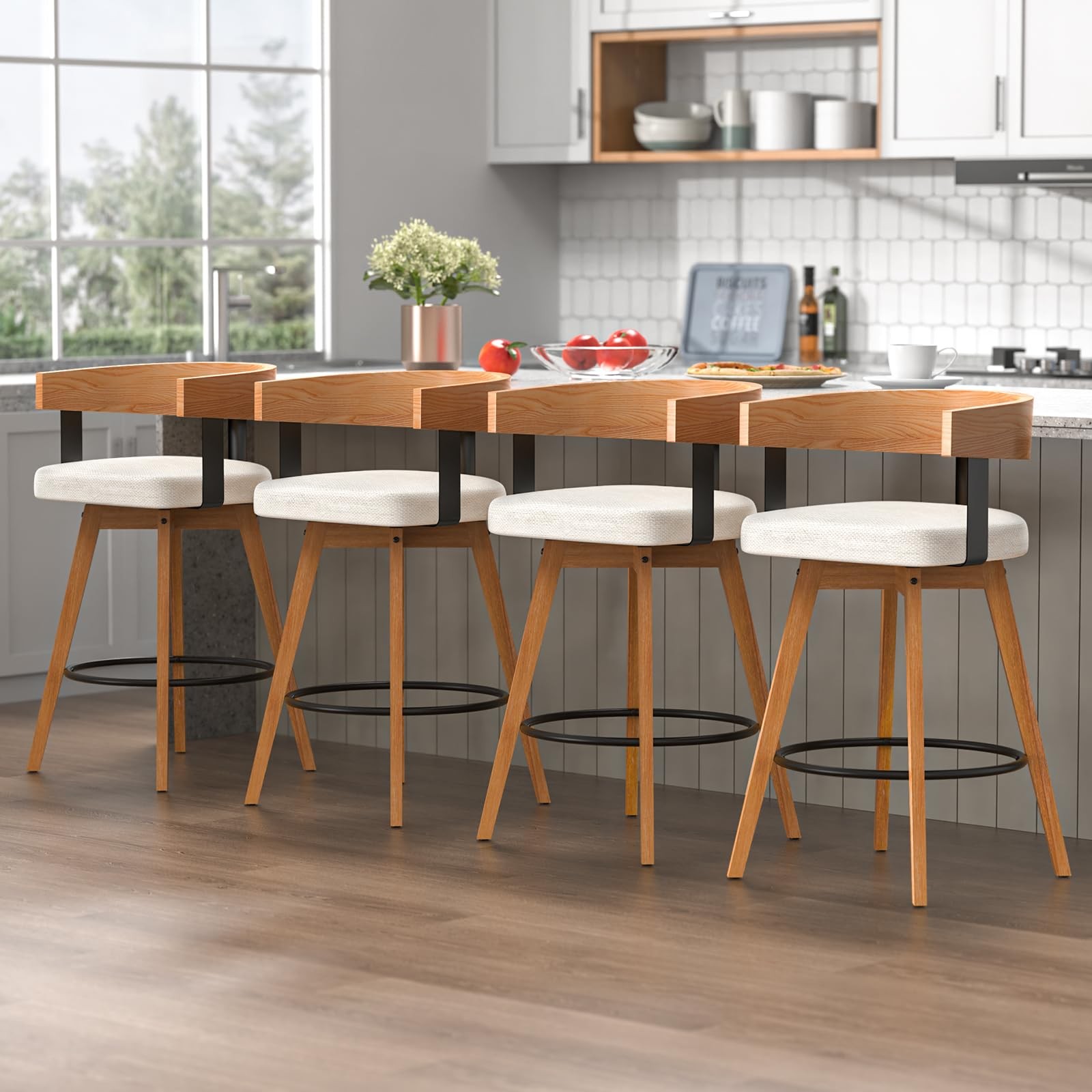 Modern Wooden Bar Stools Set of 2 Counter Height Swivel Bar Stools