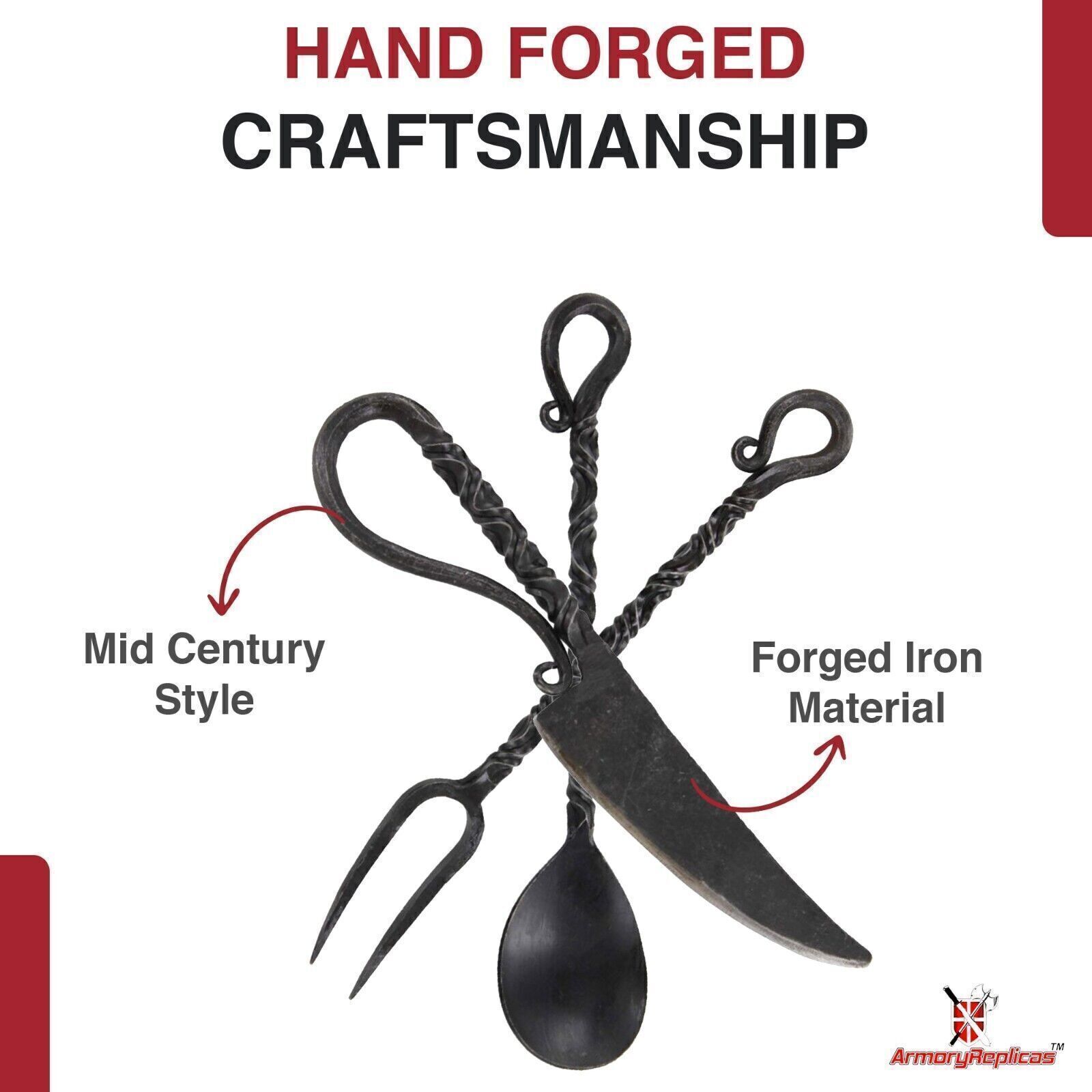 HAND FORGED FUNCTIONAL IRON MEDIEVAL INSPIRED CAMPING PARTY 3 PIECE UTENSIL SET