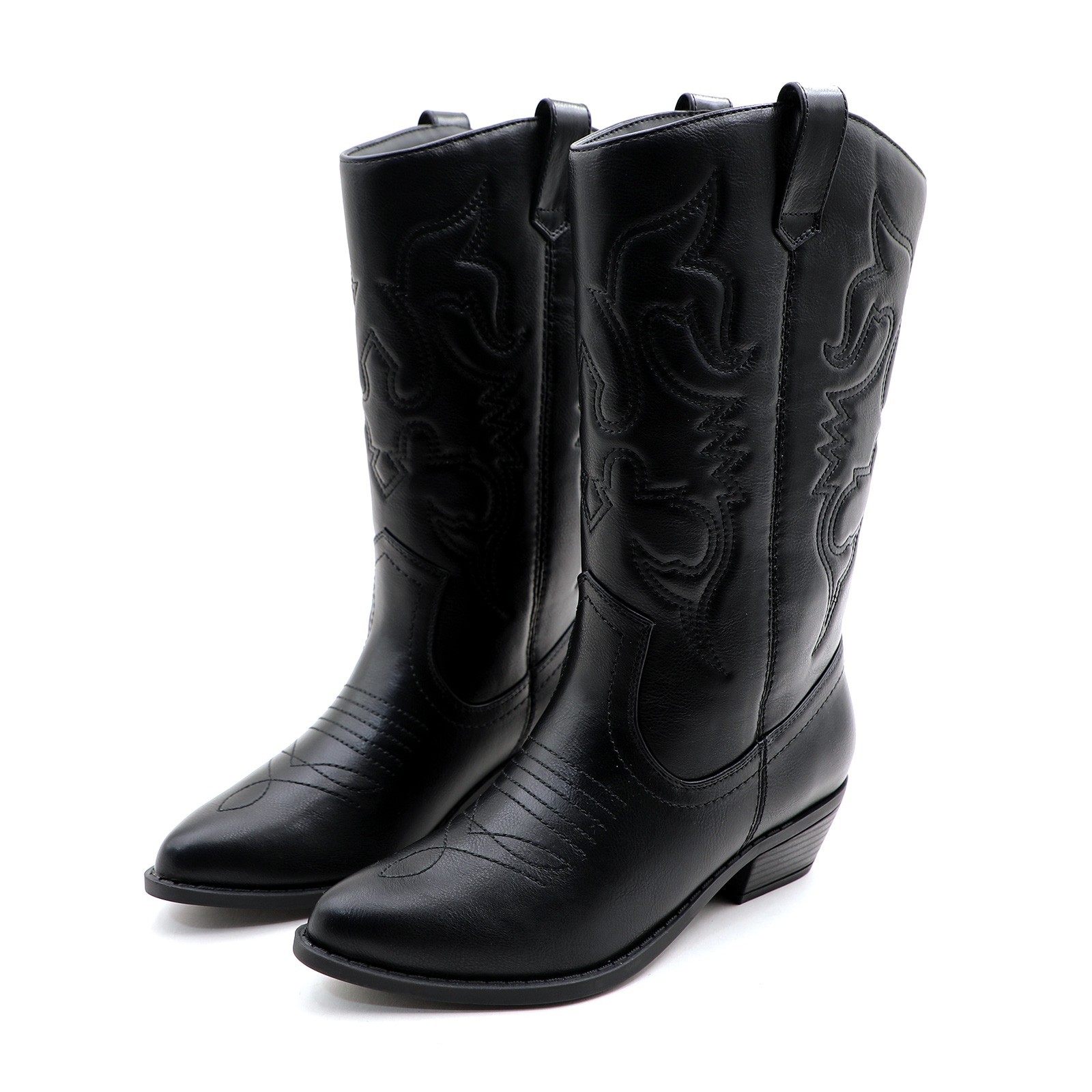 Women Western Cowgirl Boots Faux Leather Mid-Calf Length with Embroidered Design