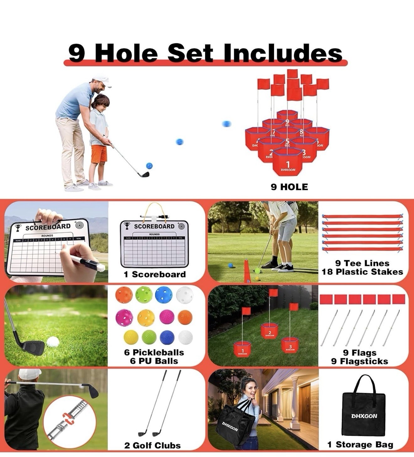 Backyard Golf Game with 2 Clubs, Portable 9 Hole Golf Course, Outdoor Yard Golf