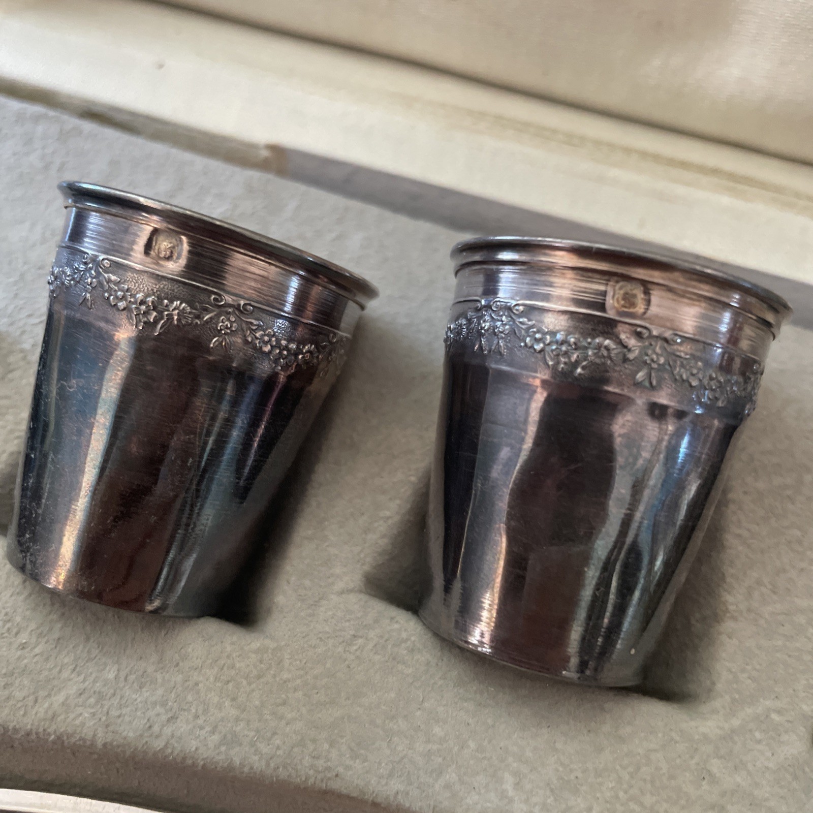 6pc Antique French Solid Silver Cordial Shot Cup Set & Tray In Case 1890s