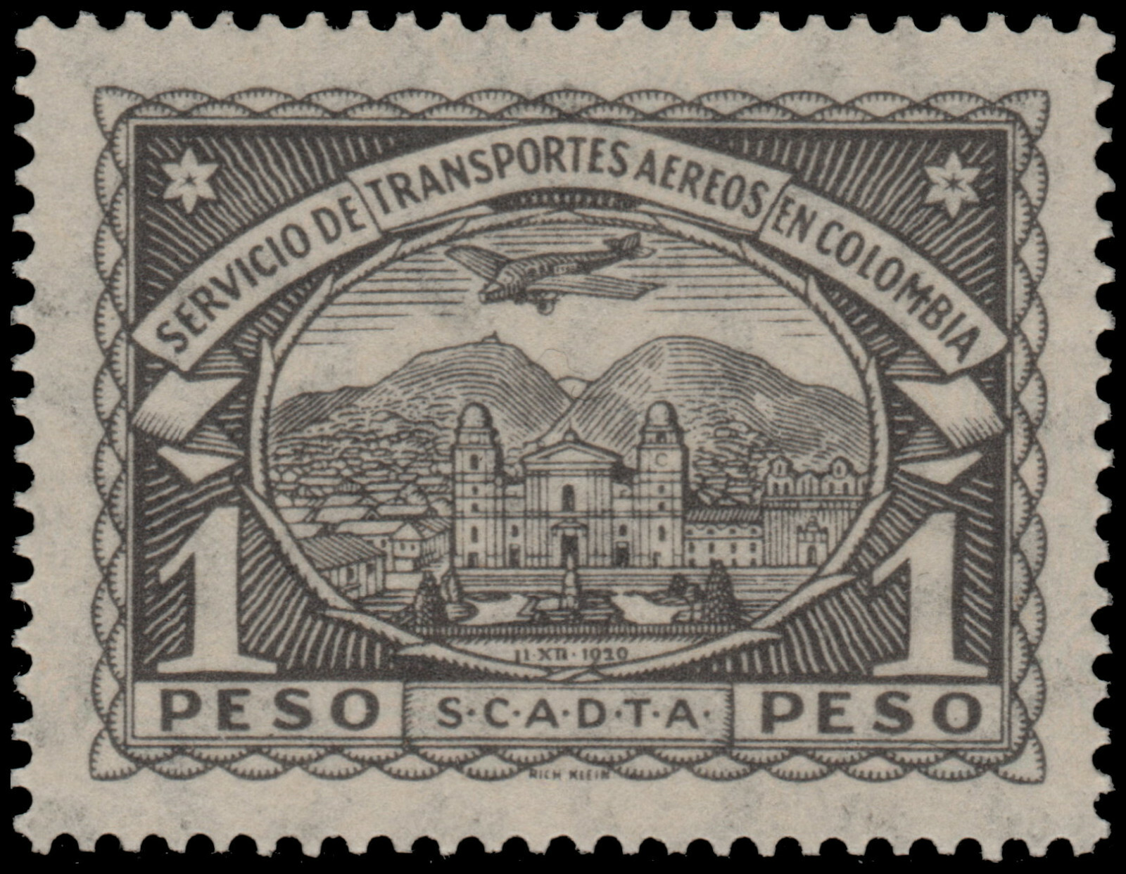 ✔️ COLOMBIA SCADTA 1923 - AIRPLANE OVER CITY - 1 PESO - SC. C47 ** MNH [1SCDT36]