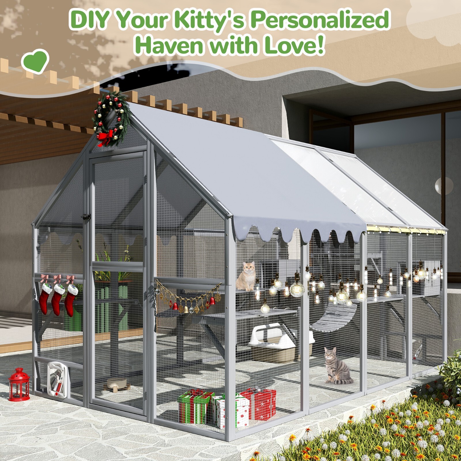 COZIWOW 108" Outdoor Large Cat Enclosure Wooden Cat Catio Outside Window Access