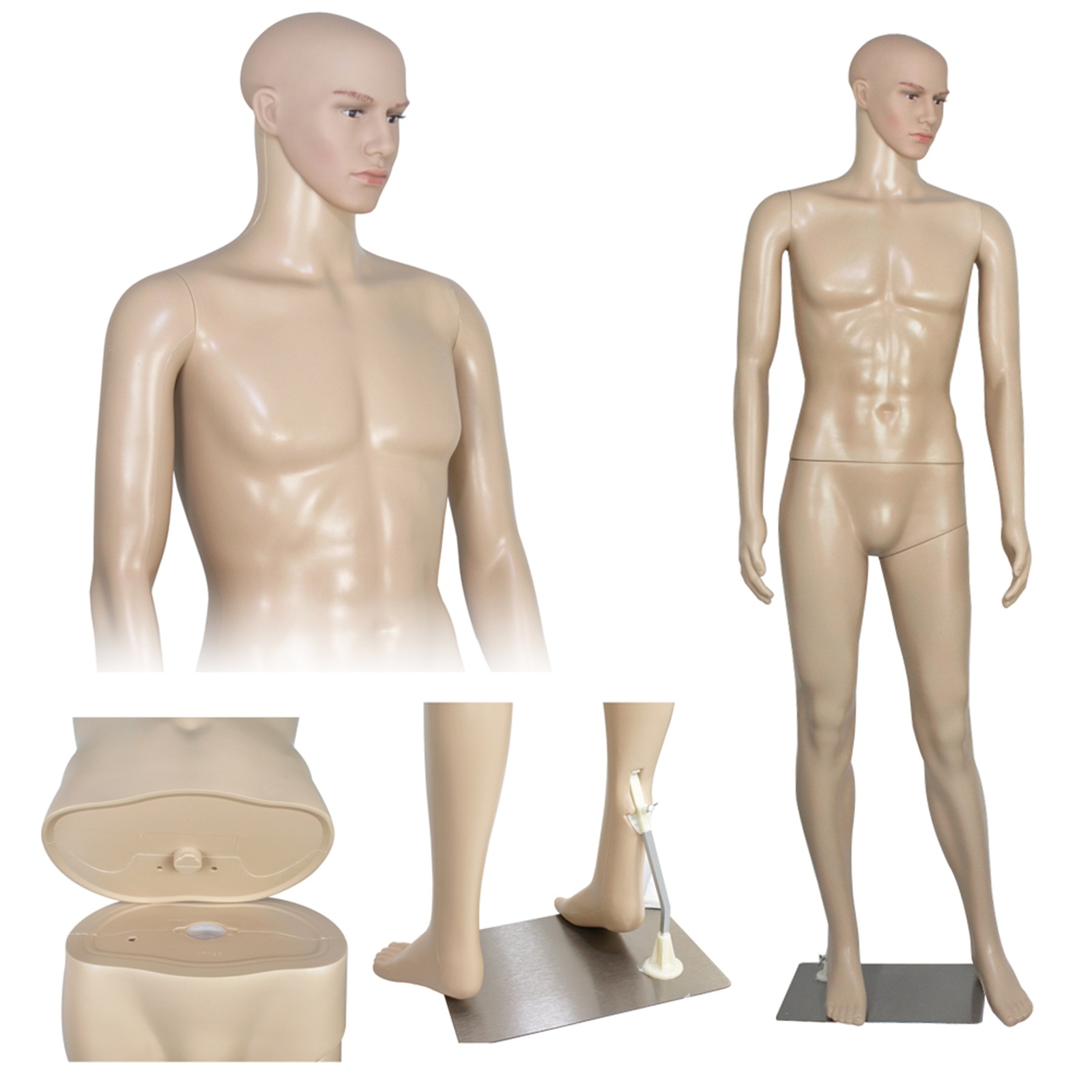 72"H Male Mannequin Full Body PP Realistic Display Head Turns Dress Form w/Base