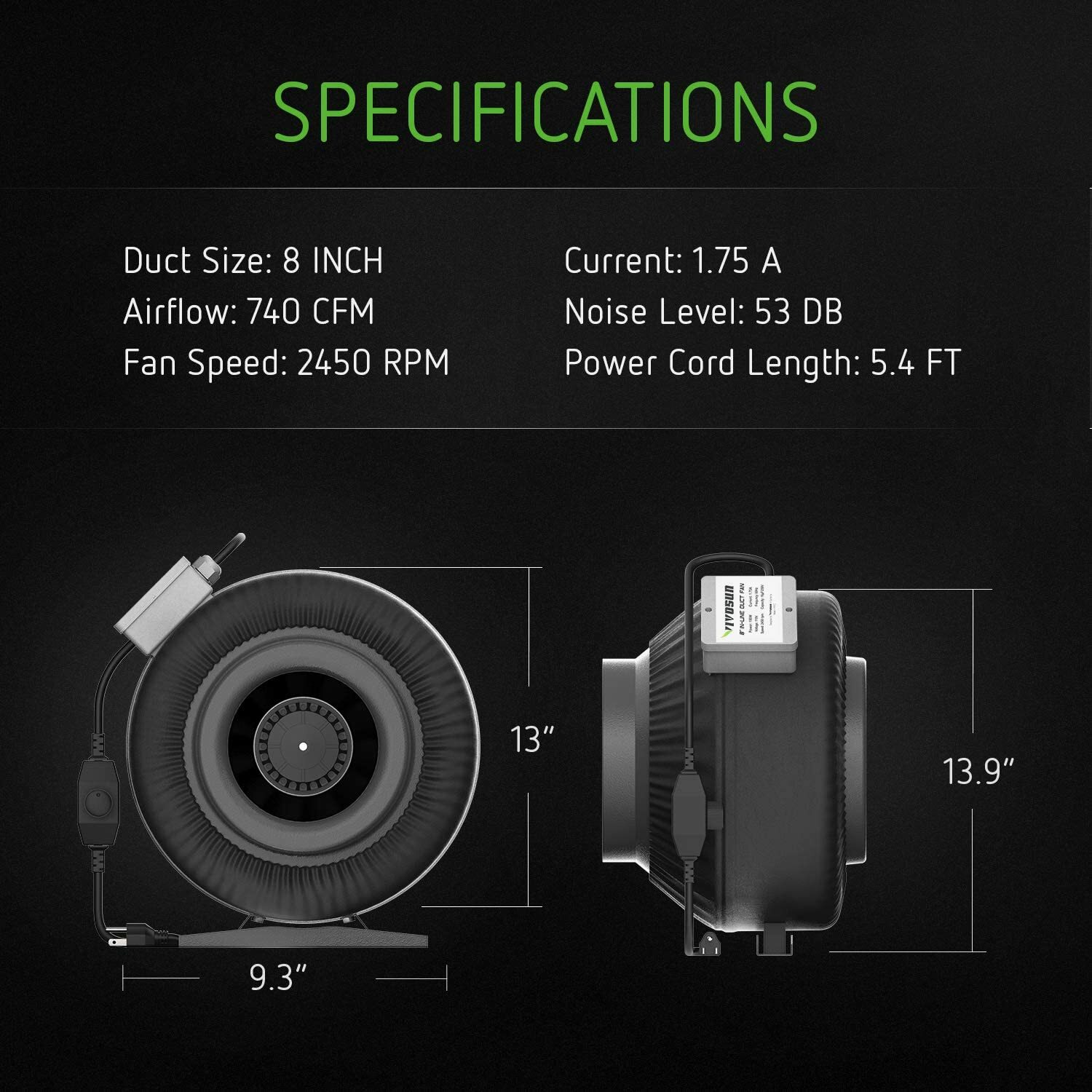 8 Inch 720 CFM Inline Duct Fan w/ 8" Carbon Filter Odor Control