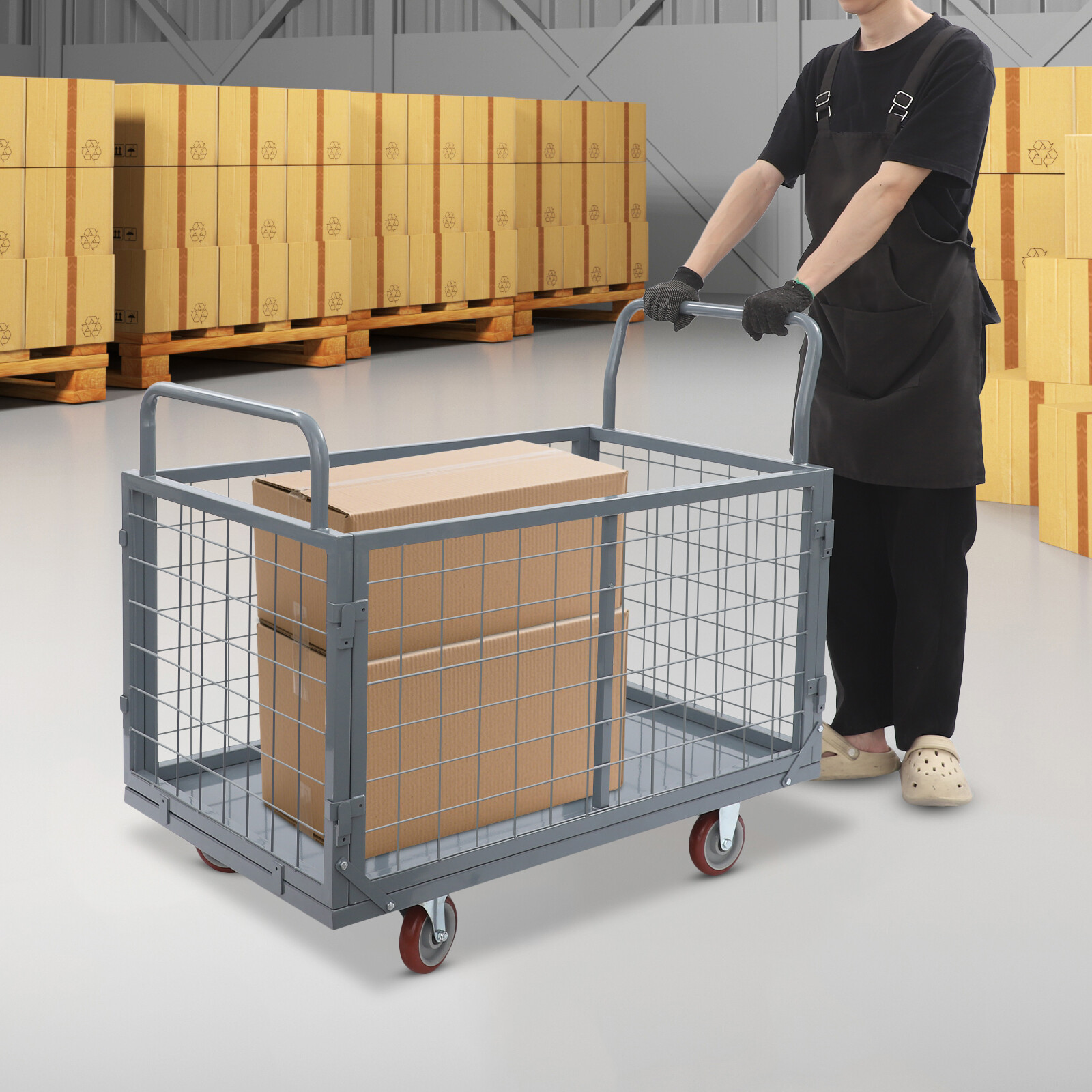 5-in-1 Heavy Duty Platform Cart with Cage Push Cart for Grocery & Warehouse  ﻿