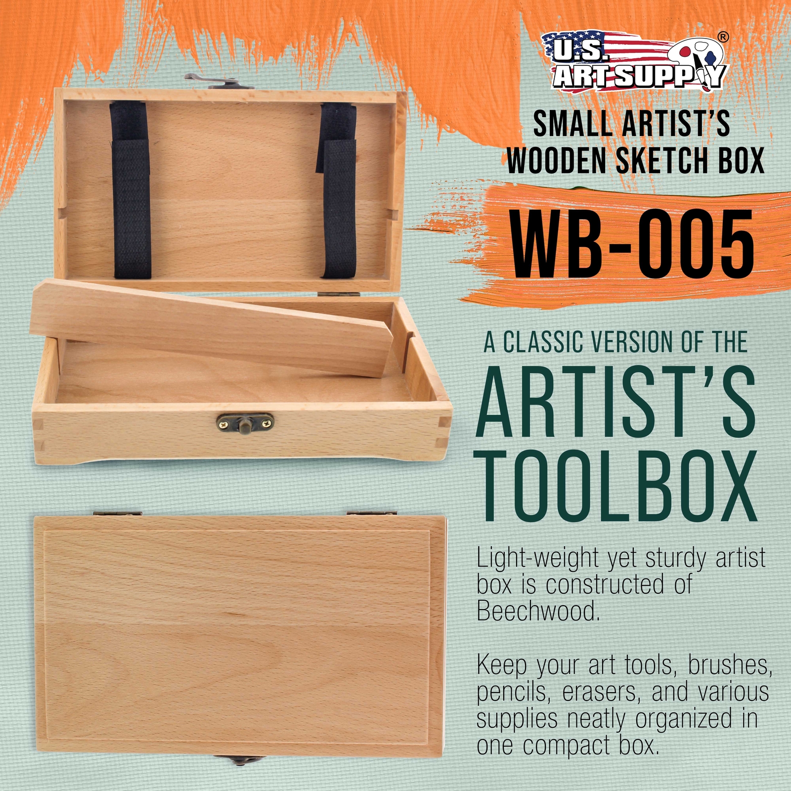 US Art Supply Small Artist Tool and Brush Storage Box with Locking Clasp