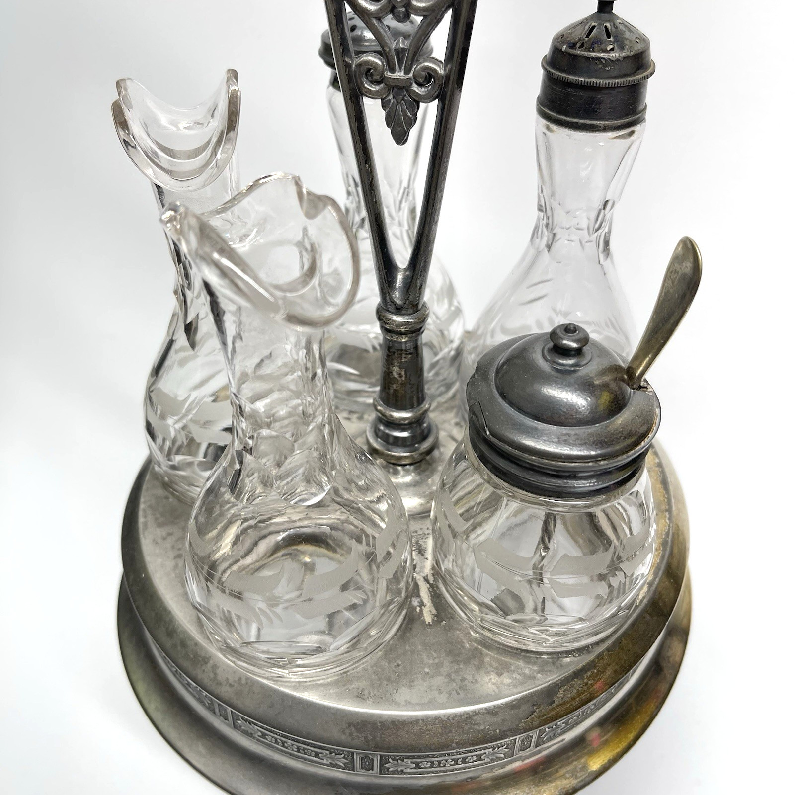 Antique 1800s Hall Elton Cruet Set Condiment Caddy Victorian Era Etched Glass