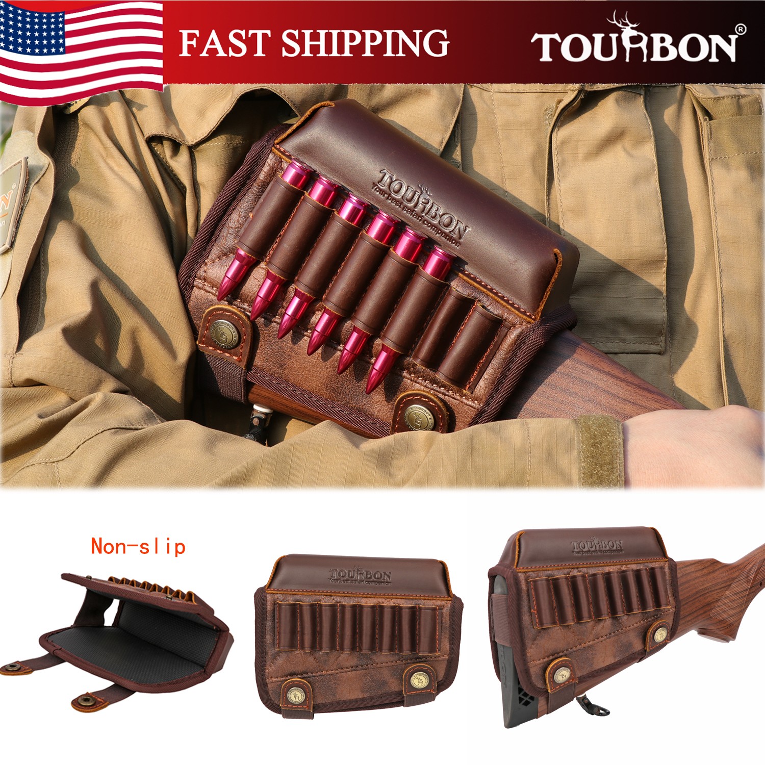 TOURBON PU Leather Cheek Riser Rest  Rifle Buttstock Holder 308 WIN Ammo Carrier