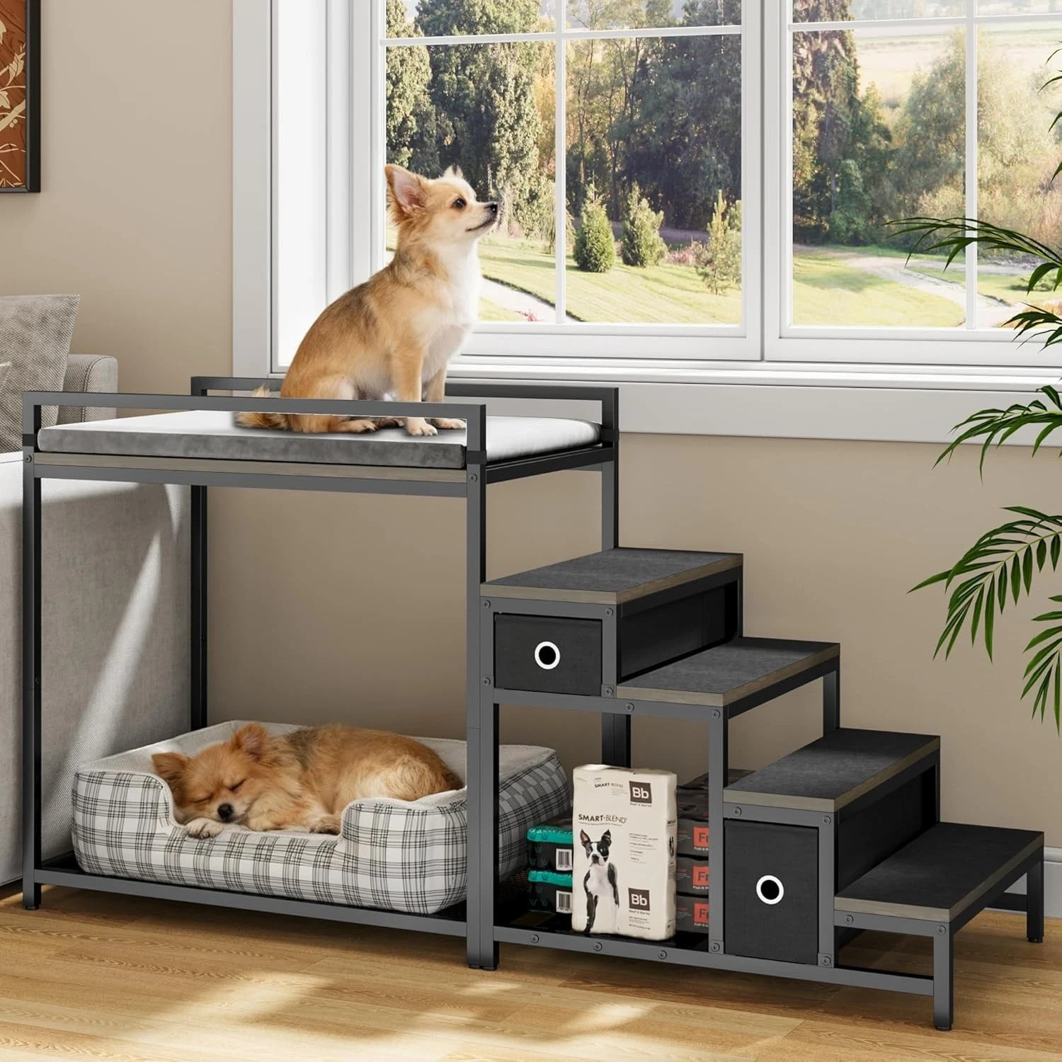 Dog Bunk Bed with Stairs & Storage Pet Bed Attaches to Human Bed Bedside