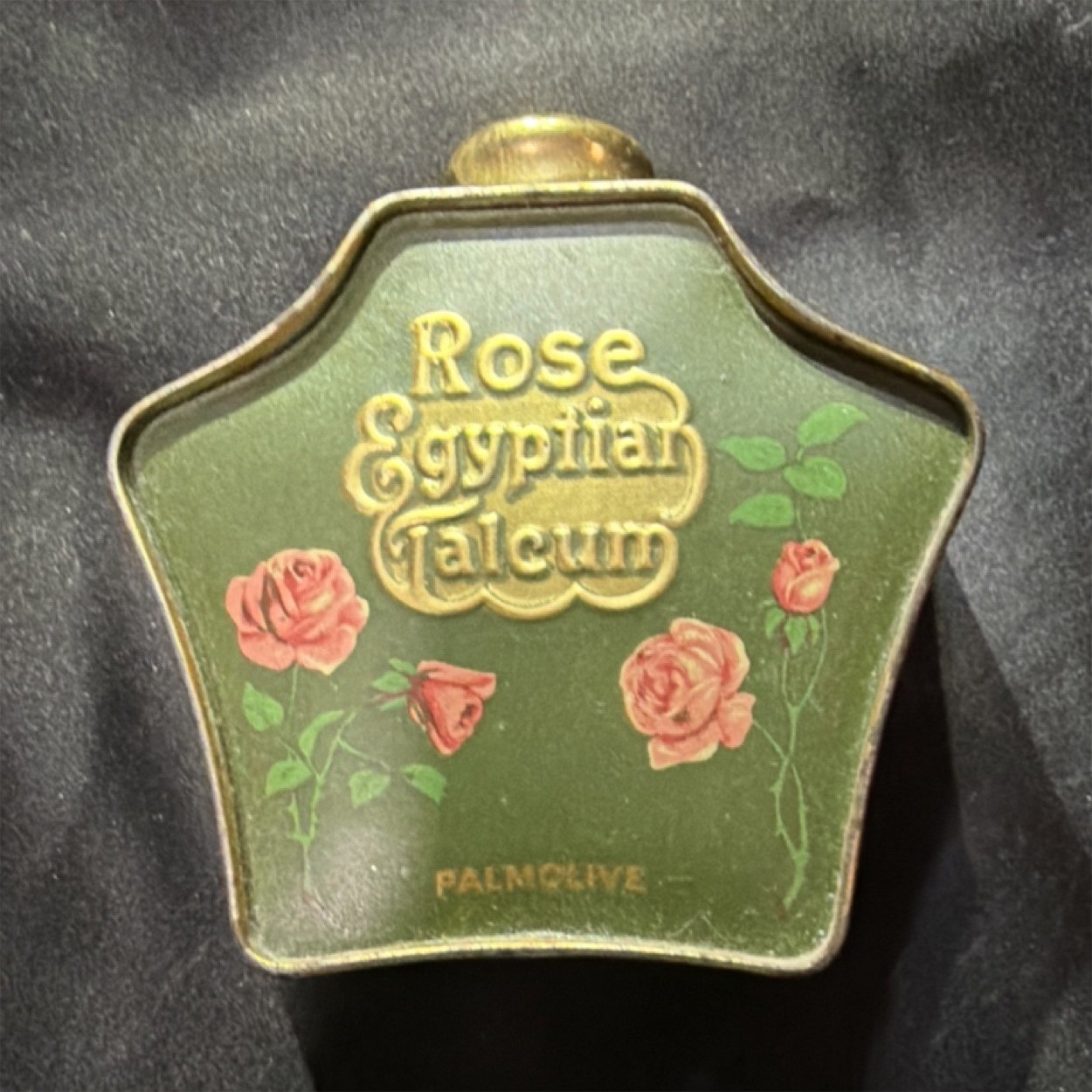 Palmolive Rose Egyptian Talcum & Bath Powder Advertising Tin Green Gold Pink