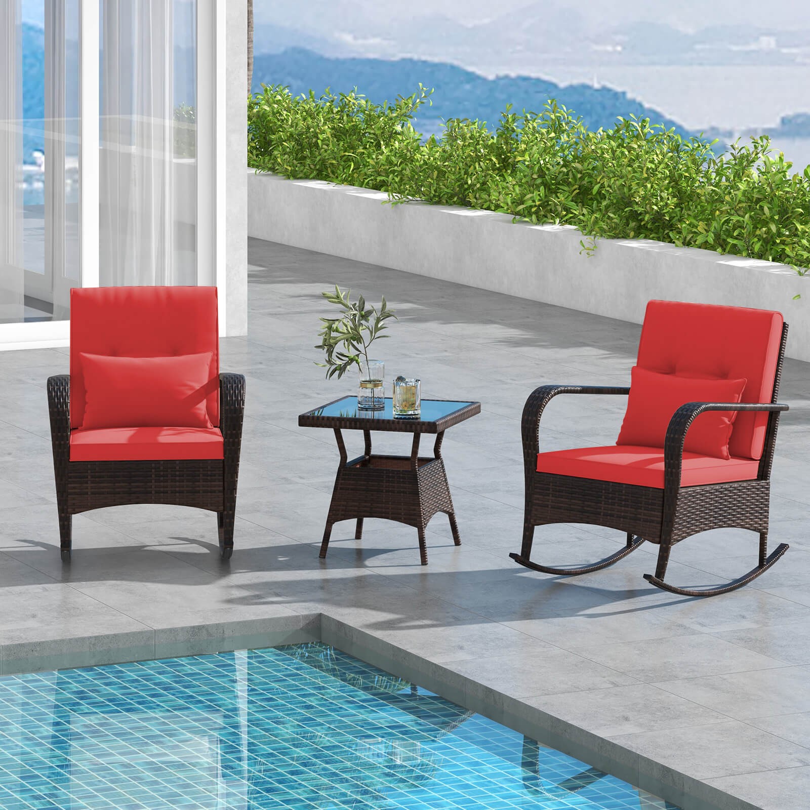 3 PCS Rocking Bistro Set w/Removable Cushions & Tempered Glass Top Coffee Table
