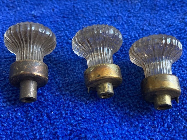 3 Small Vintage Pressed Glass & Brass Drawer Cabinet Pulls Knobs