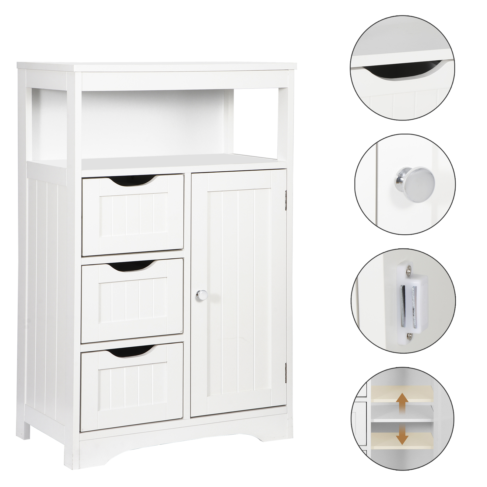 Bathroom Floor Storage Cabinet Organizer w/ 3 Drawers and Adjustable Shelf White