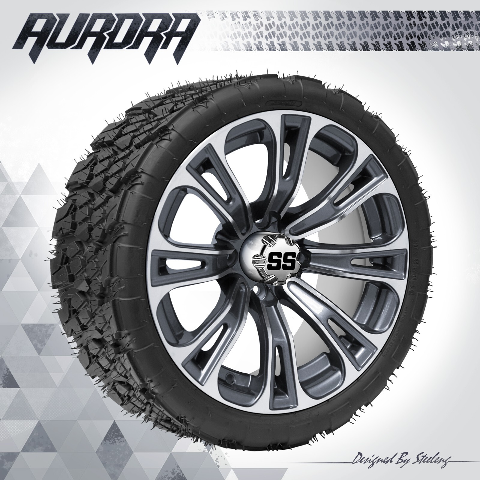 GOLF CART 14" GUNMETAL VECTOR WHEELS/RIMS and 20" 'AURORA' DOT ALL-TERRAIN TIRES