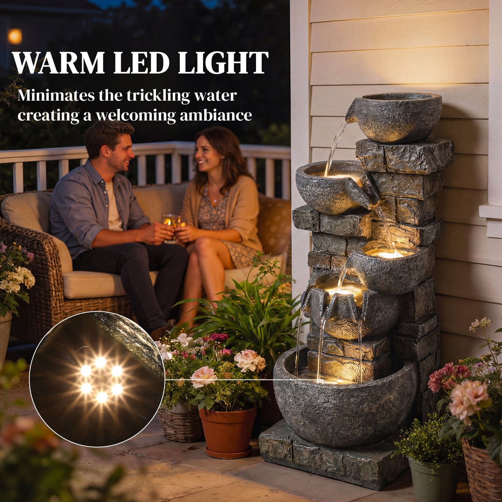 Outsunny 5 Tiers Outdoor Water Fountain with LED Lights, Gray