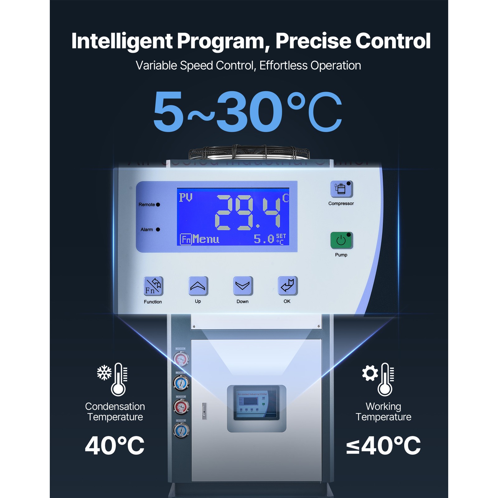 Uimoso Industrial Air-Cooled Water Chiller 25 HP 66-Gallon Tank LED Control Pane