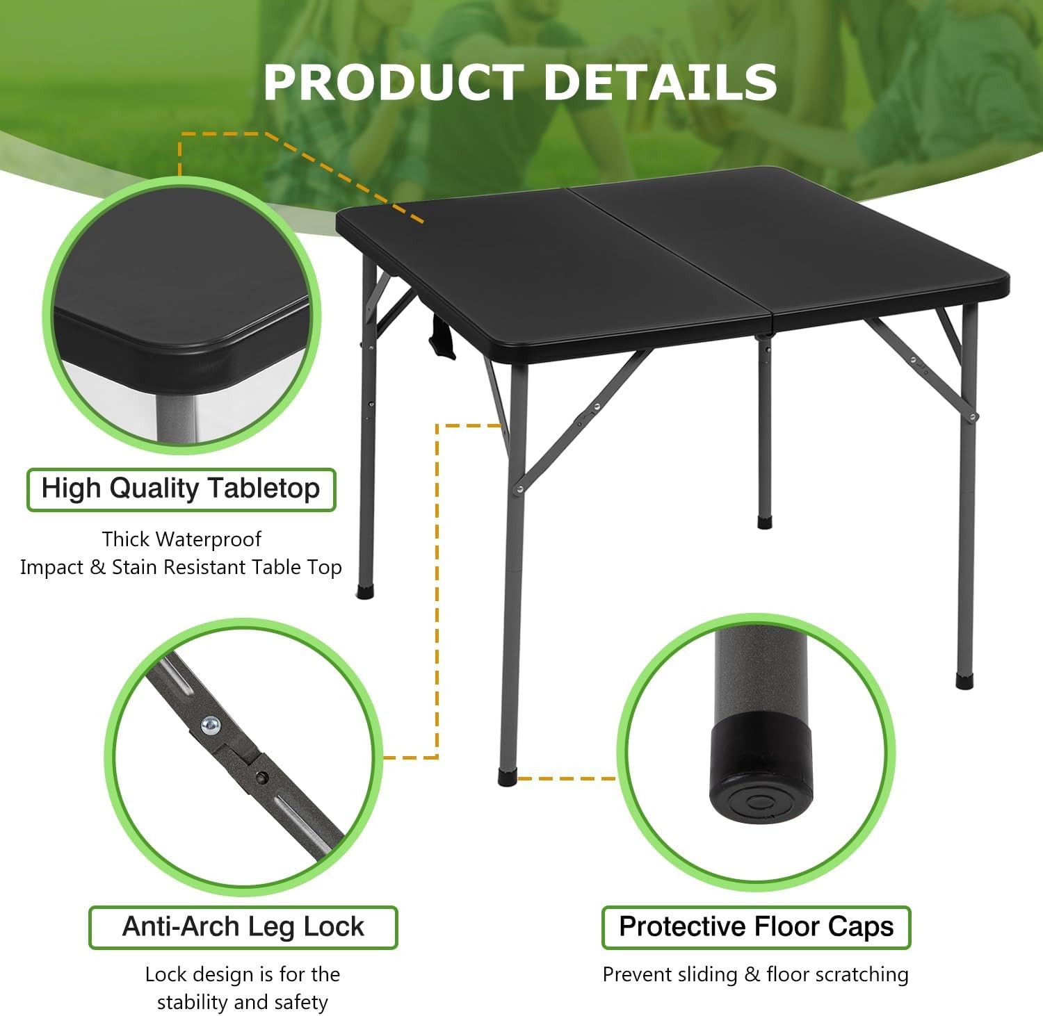 34" Folding Card Table Plastic Table Portable Square Height Dining Table, Black